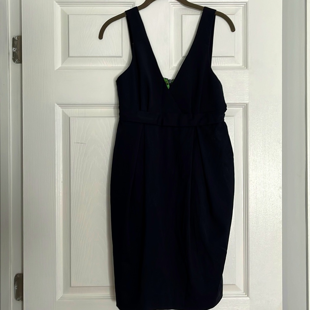 Black & Navy pinstripe cocktail dress- slight bubble with deep V